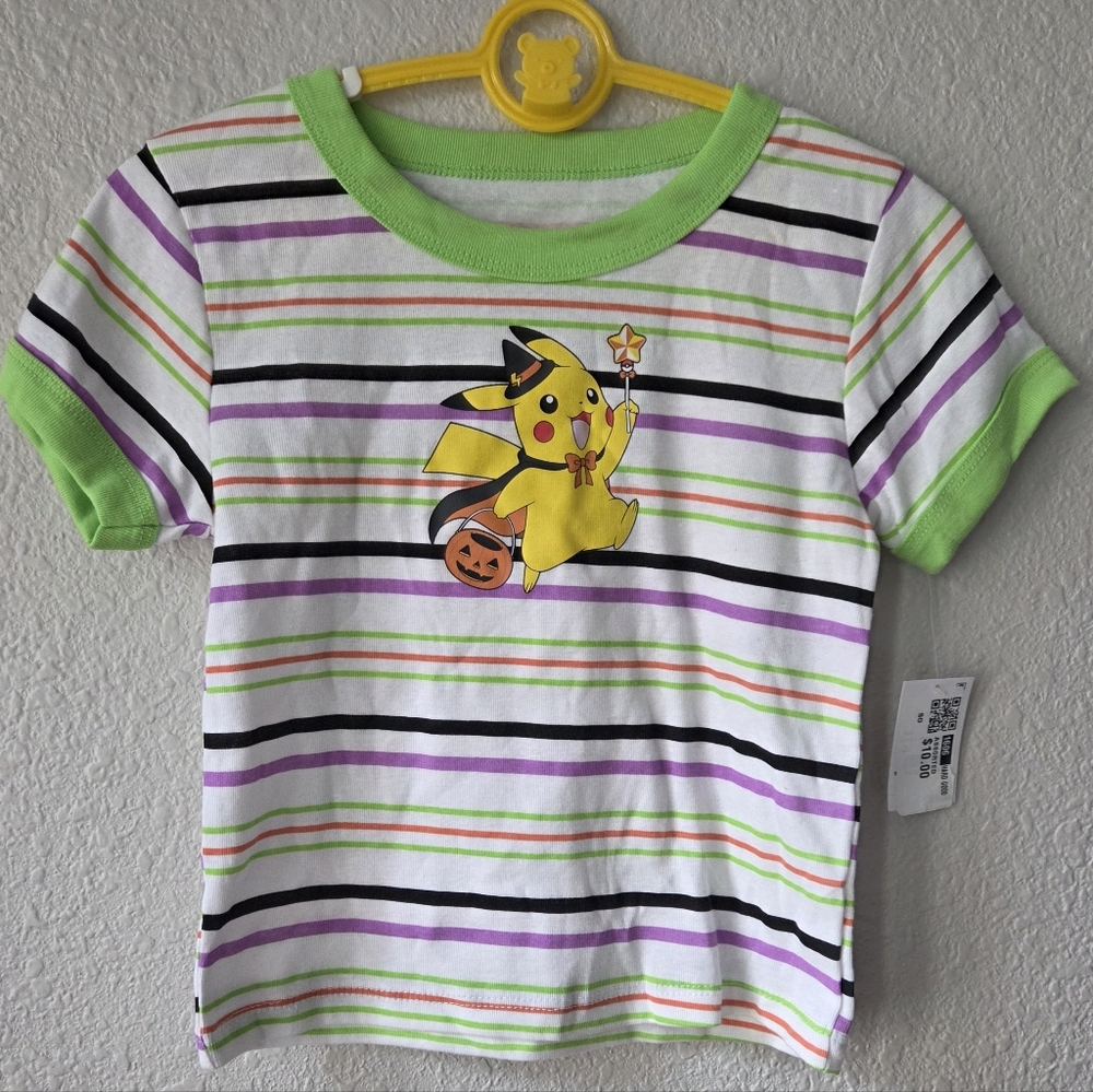 Pokémon Pikachu Halloween Witch T-Shirt Stripe Sz Med (8) Green White Purple NWT